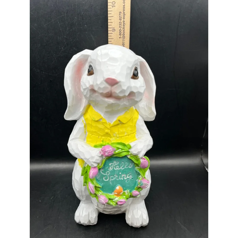 Hello Spring Easter Bunny Figurine White Rabbit Resin‎ Floral Tulip Wreath 8.5